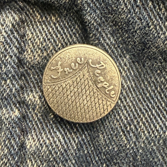 Free People Denim Jacket Blue Knit Sleeve Hooded Distressed Jean Women's XS - Picture 12 of 13